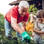 Grandfather and grandson watering plants and caring for garden