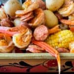 Steamed Shrimp, crab legs, sausage, potatoes, corn on the cob.