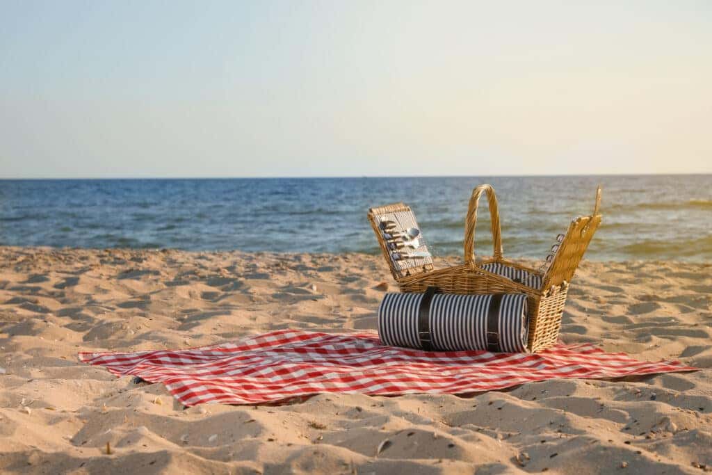 Blanket with picnic basket on sandy beach near sea