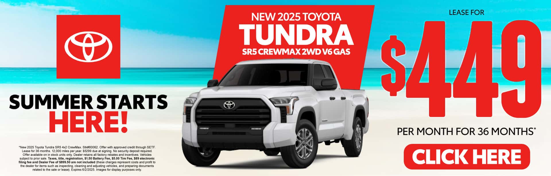 New 2025 Toyota Tundra SR5 Crewmax 2WD V6 Gas Lease for $449 Per Month For 36 Months*