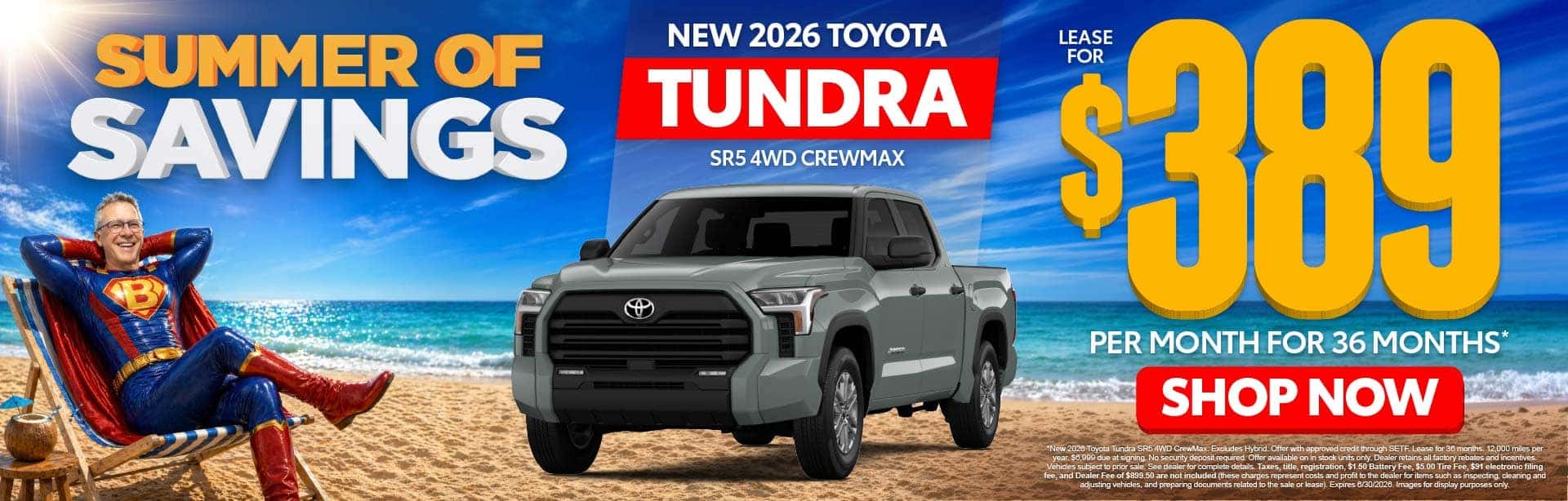 New 2026 Toyota Tundra SR5 4WD CrewMax Lease For $389 Per Month For 36 Months* 
