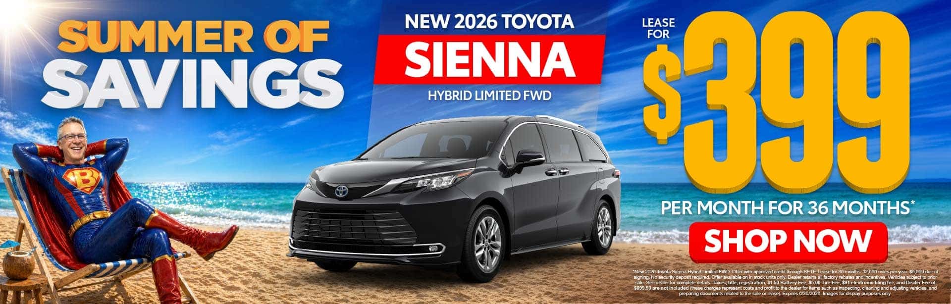 New 2026 Toyota Sienna Hybrid Limited FWD Lease For $399 Per Month For 36 Months* 