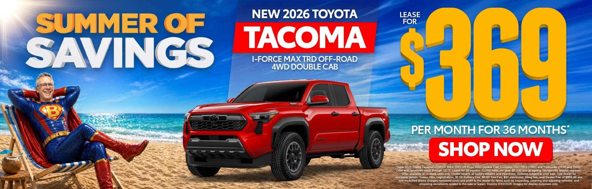 New 2026 Toyota Tacoma i-FORCE MAX TRD Off-Road 4WD Double Cab Lease For $369 Per Month For 36 Months*