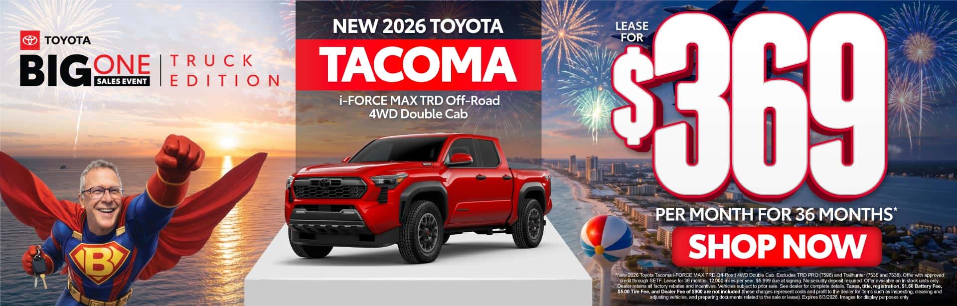 New 2026 Toyota Tacoma i-FORCE MAX TRD Off-Road 4WD Double Cab Lease For $369 Per Month For 36 Months*