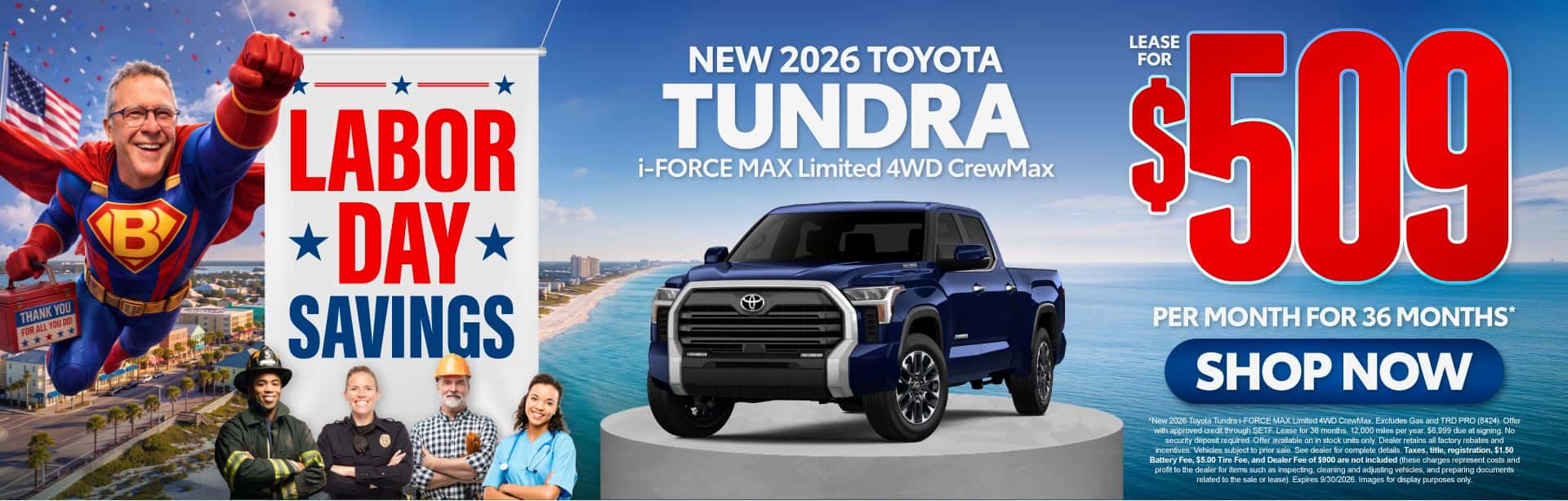 New 2026 Toyota Tundra i-FORCE MAX Limited 4WD CrewMax Lease For $509 Per Month For 36 Months*