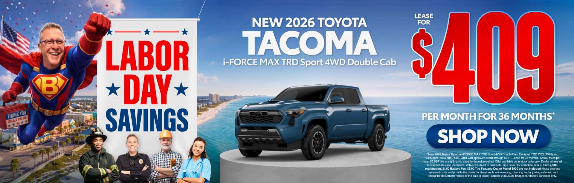 New 2026 Toyota Tacoma i-FORCE MAX TRD Sport 4WD Double Cab Lease For $409 Per Month For 36 Months*