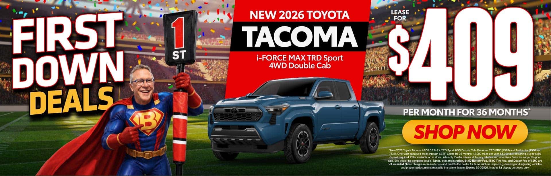 New 2026 Toyota Tacoma i-FORCE MAX TRD Sport 4WD Double Cab Lease For $409 Per Month For 36 Months*