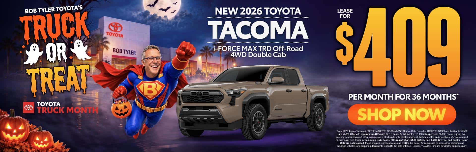 New 2026 Toyota Tacoma i-FORCE MAX TRD Off-Road 4WD Double Cab Lease For $409 Per Month For 36 Months*