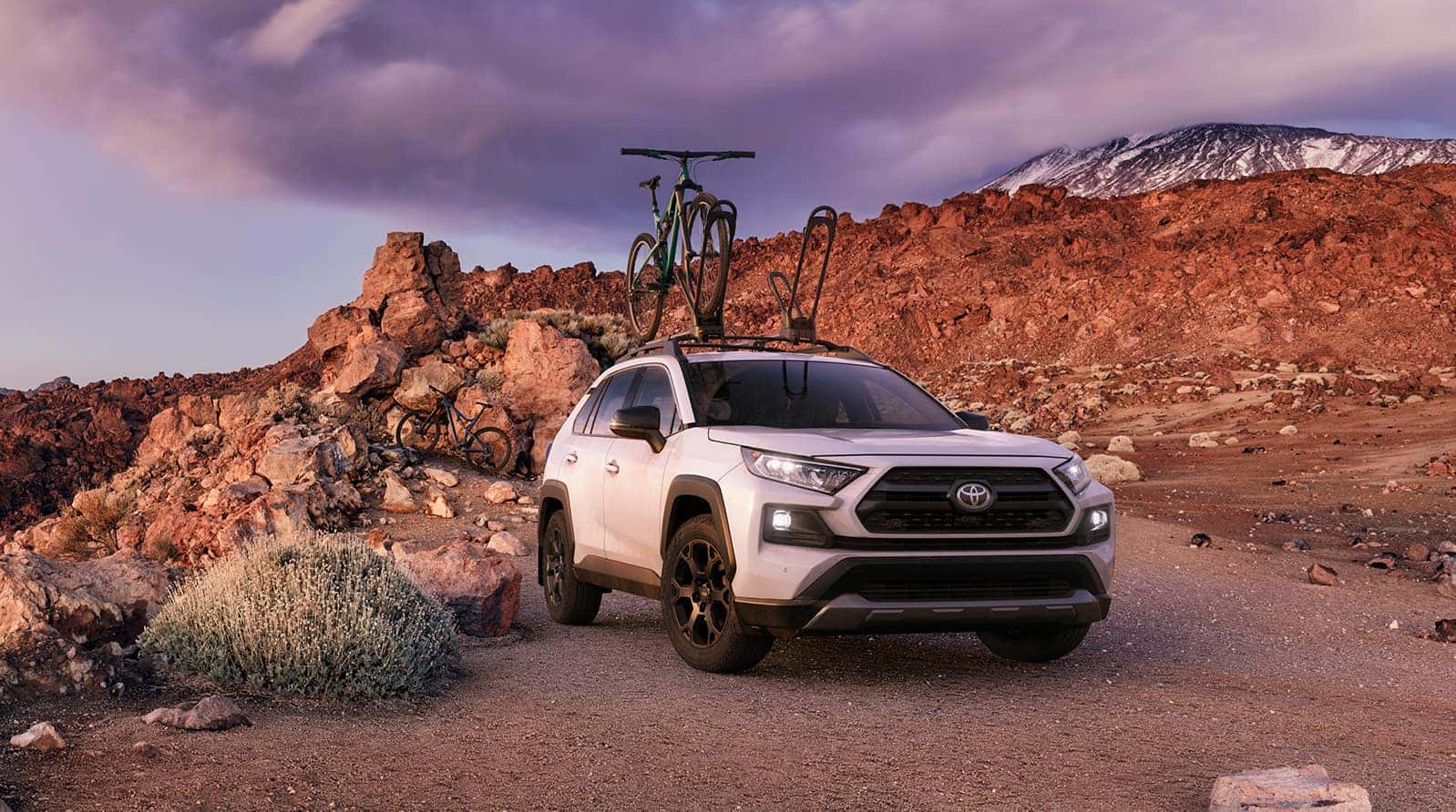Performance features of the 2020 Toyota RAV4 at Boch Toyota | white 2020 RAV4 parked on mountain terrain