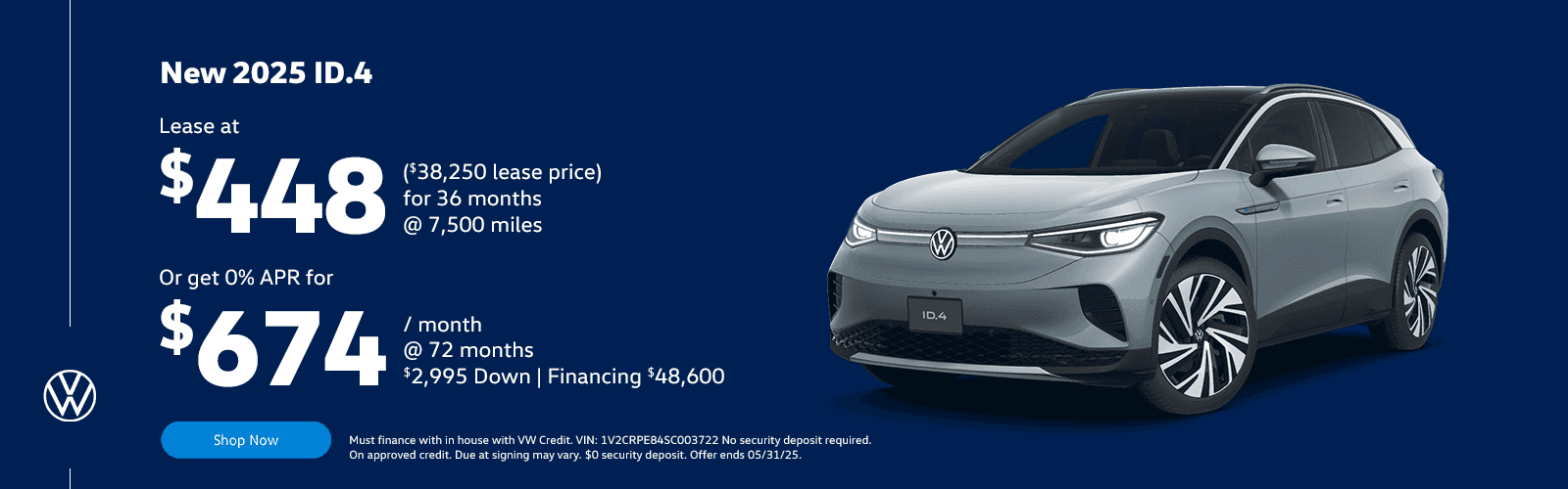 NEW 2025 ID.4 Subtext LEASE AT $448/MONTH ($38,250 LEASE PRICE) FOR 36 MONTHS @ 7500 MILES OR GET 0% FOR $674/ MONTH @ 72 MONTHS $2,995 DOWN FINANCING $48,600
