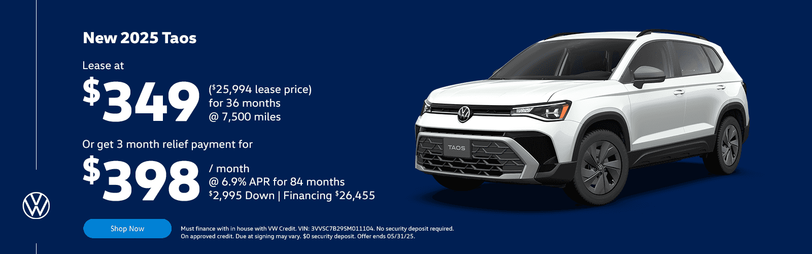 NEW 2025 TAOS Subtext LEASE AT $349/MONTH ($25,994 LEASE PRICE) FOR 36 MONTHS @ 7500 MILES OR GET 3 MONTH RELIEF PAYMENT FOR $398/ MONTH @ 6.9% FOR 84 MONTHS $2,995 DOWN FINANCING $26,455
