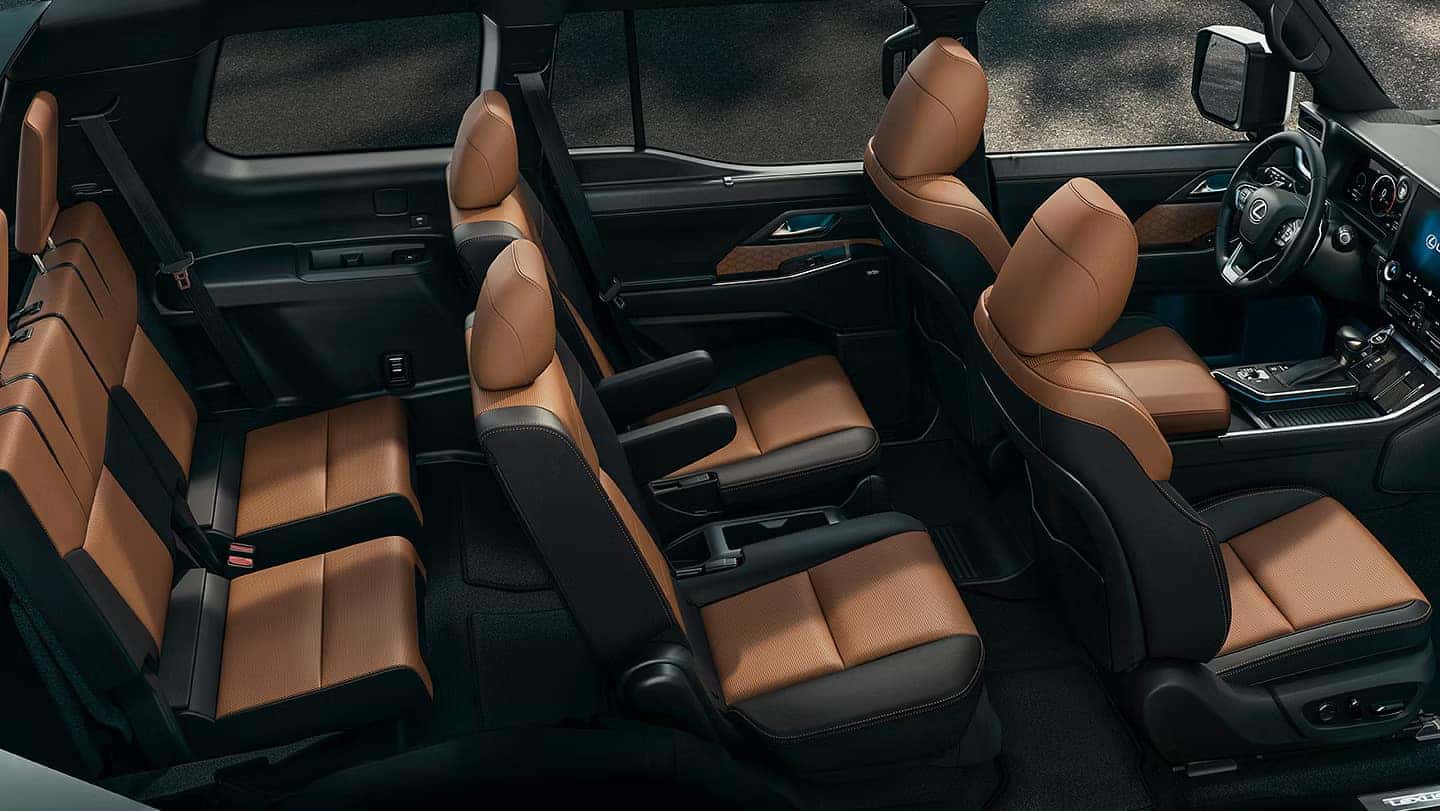 The Lexus GX 550 Luxury Plus with optional heated second-row captain's chairs in Saddle Tan semi-aniline leather and Brown Grained trim.