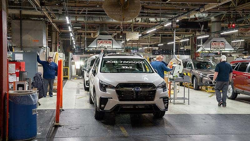Subaru vehicles being assembled at USA factory plant in Indiana