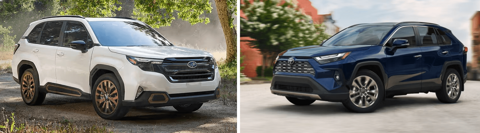side by side image with 2025 subaru forester on the left and 2025 toyota rav4 on the right