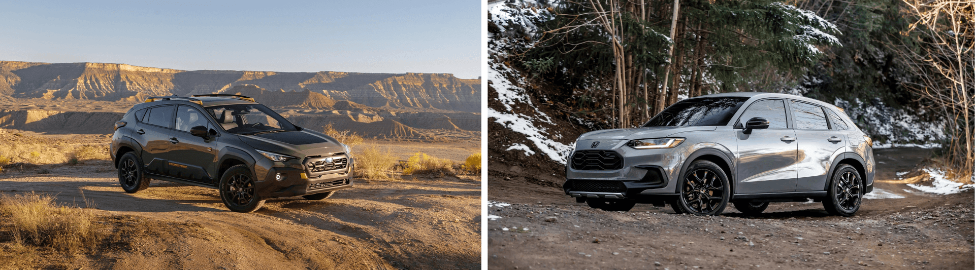 side by side image with a 2025 subaru crosstrek on the left and 2025 honda hr-v to the right