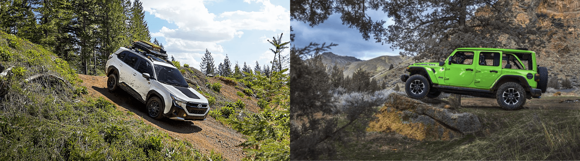 side by side image with a subaru forester wilderness on left and jeep wrangler on the right