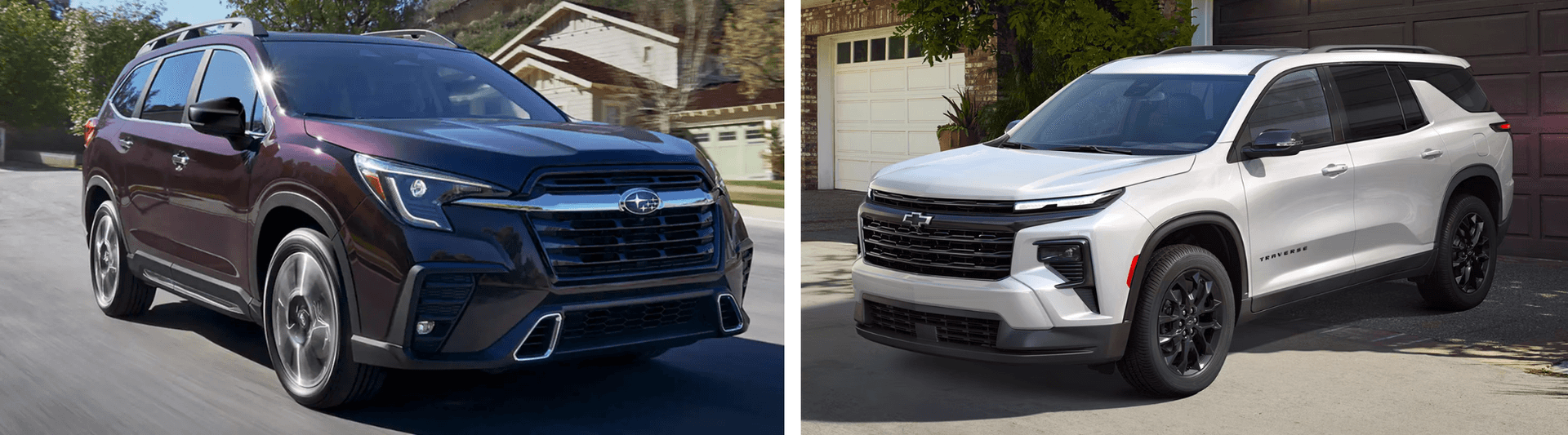 side by side image with a subaru ascent on left and chevy traverse on the right