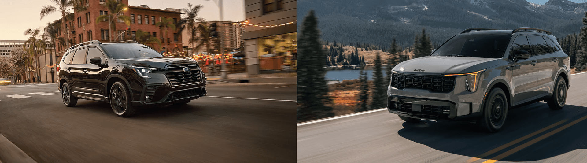 side by side image with a 2026 subaru ascent on left and 2026 kia sorento on the right