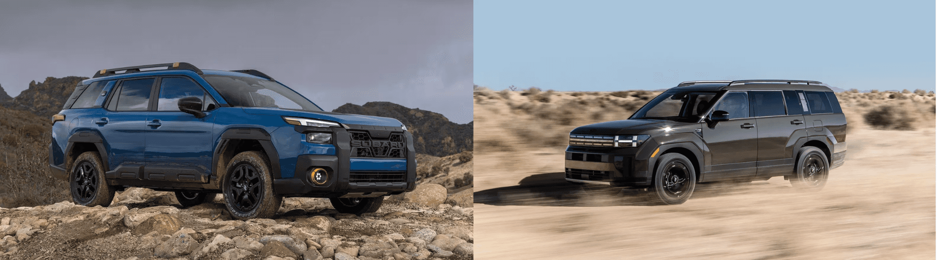 side by side image with a 2026 subaru outback on left and 2026 hyundai santa fe on the right