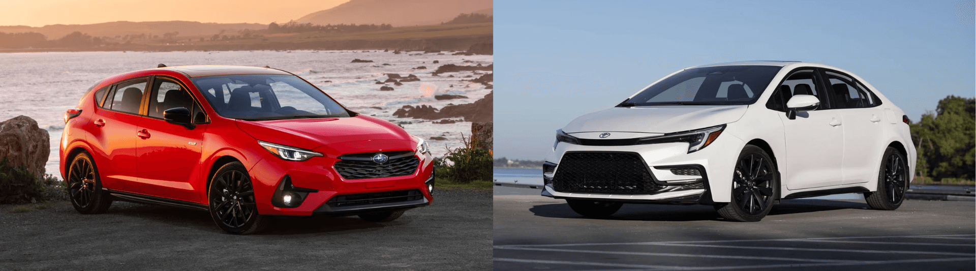 side by side image with a 2026 subaru impreza on left and 2026 toyota corolla on the right