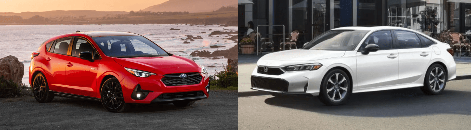 side by side image with a 2026 subaru impreza on left and 2026 honda civic on the right