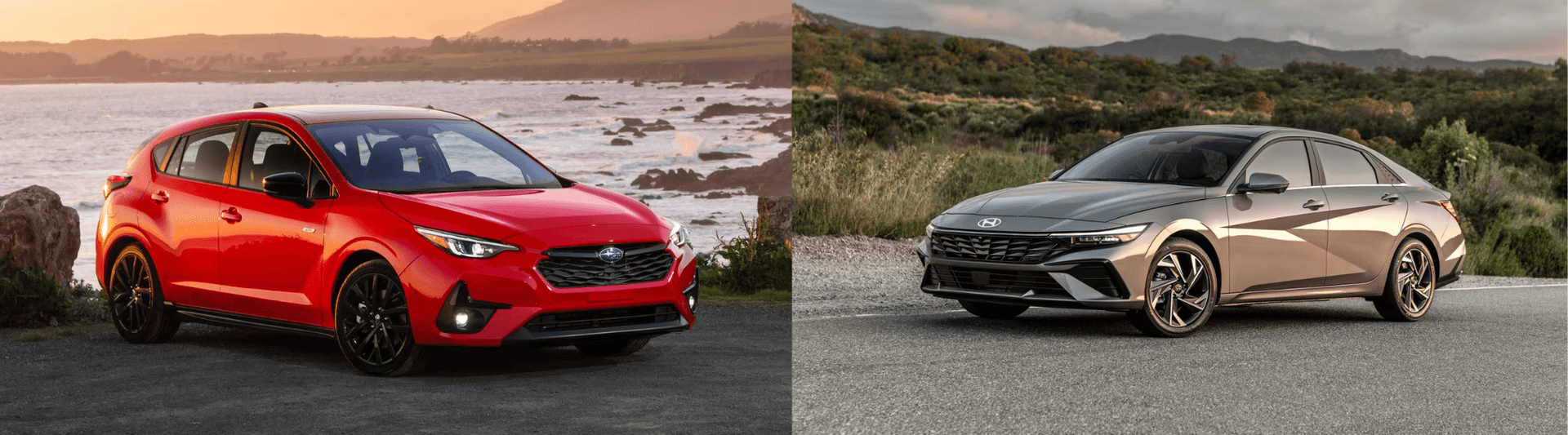 side by side image with a 2026 subaru impreza on left and 2026 hyundai elantra on the right