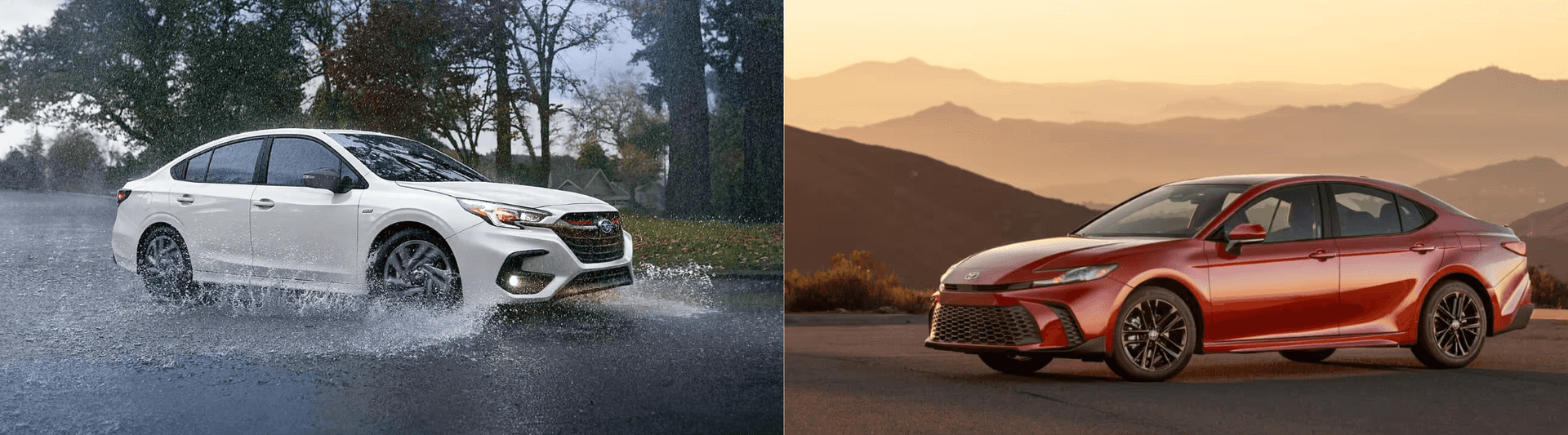 side by side image with a 2025 subaru legacy on left and 2025 toyota camry on the right