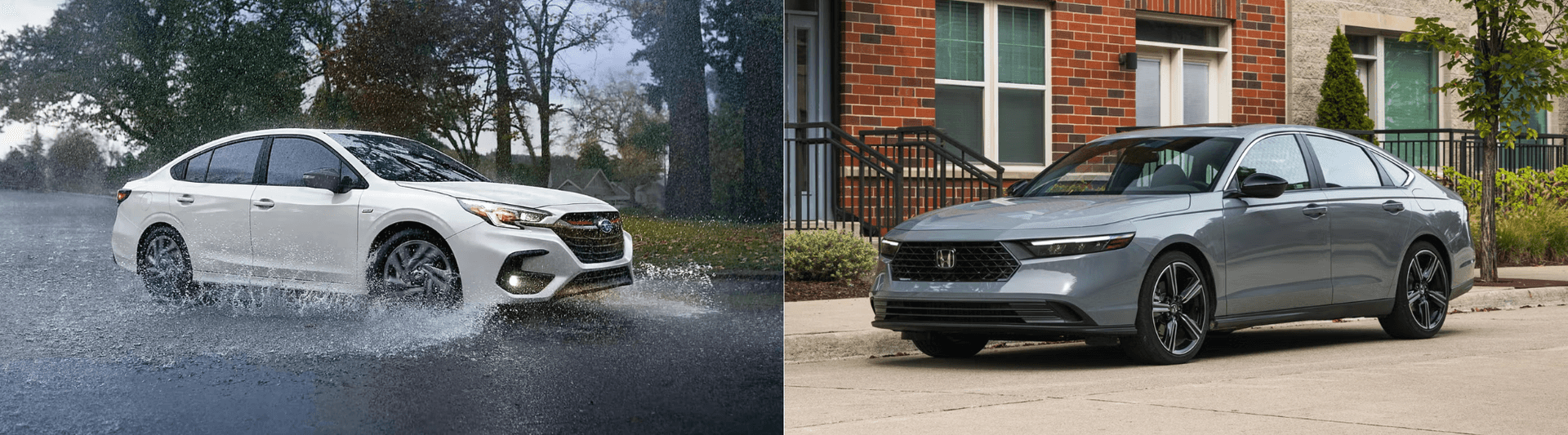 side by side image with a 2025 subaru legacy on left and 2025 honda accord on the right
