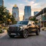 2026 GMC Sierra 1500 Denali parked on a clean modern street in downtown Austin, Texas