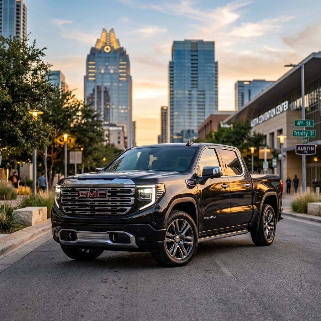 2026 GMC Sierra 1500 Denali parked on a clean modern street in downtown Austin, Texas