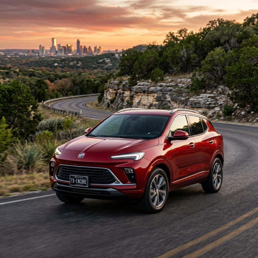 2026 Buick Encore GX in Brilliant Red driving along a winding road in the Texas Hill Country near Austin