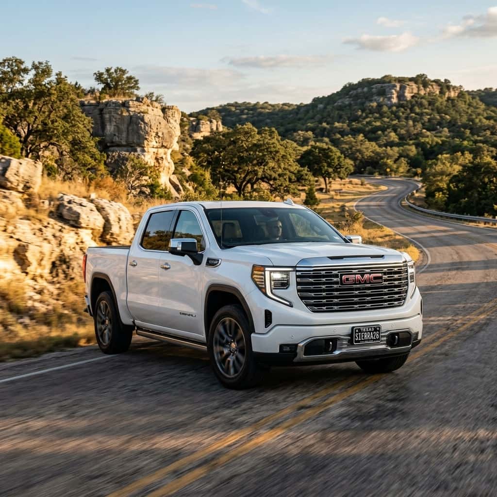 2026 GMC Sierra 1500 pickup truck in Glacier White Tricoat driving along a road in austin tx hill country