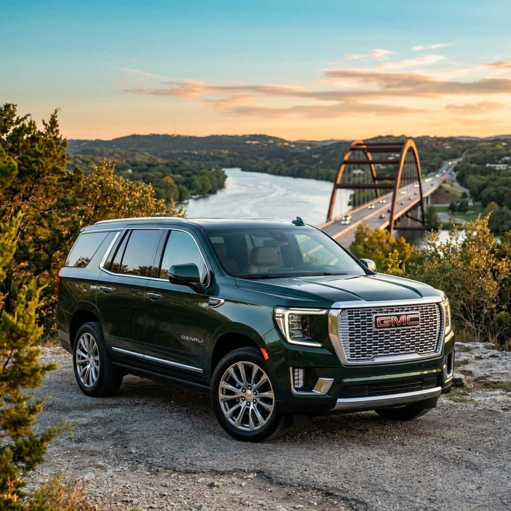 2026 GMC Yukon Denali in a deep metallic hunter green, parked on a scenic overlook in the Austin Texas Hill Country