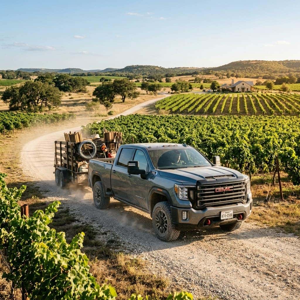 a new GMC Sierra 2500 HD AT4 doing work on a Fredericksburg Ranch and Vineyard