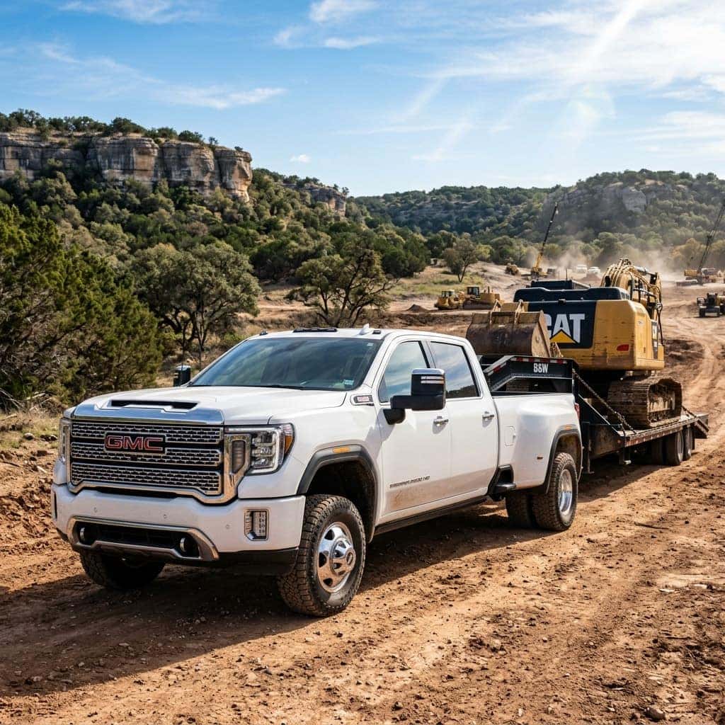 2026 GMC Sierra 3500 HD dually work truck in summit white towing trailer in austin texas construction worksite