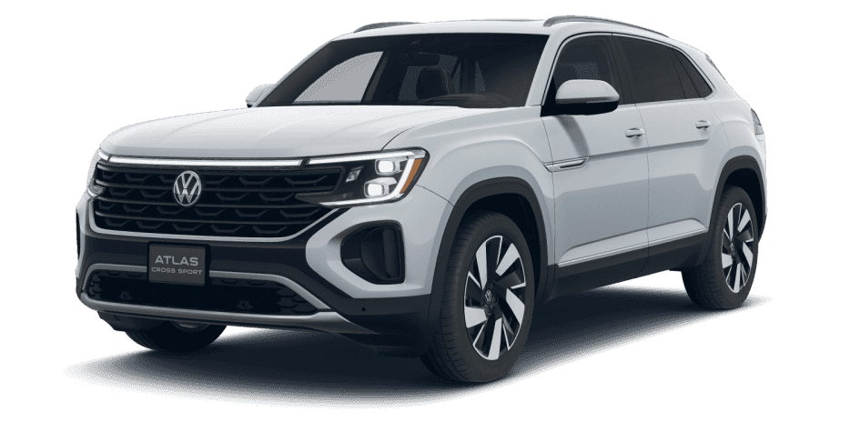 A Volkswagen 26 Atlas Cross Sport SEL in Silver Mist in three-quarter side angle.
