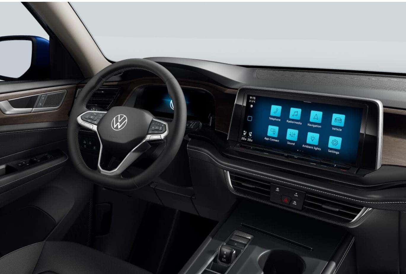 2026 Volkswagen Atlas interior featuring a digital instrument cluster, touchscreen infotainment display, and multifunction steering wheel.