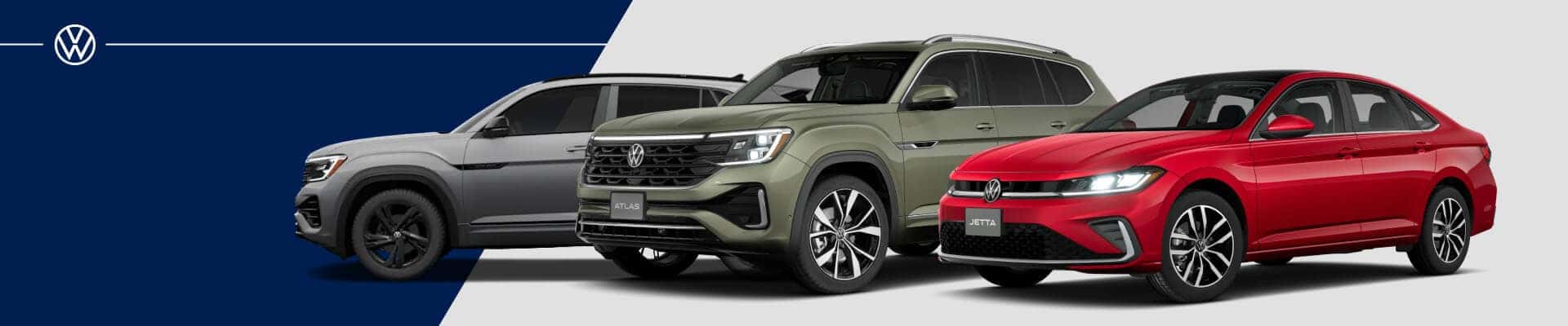 2026 Volkswagen Car and SUV models lined up on a blue and light gray background with the VW logo shown.