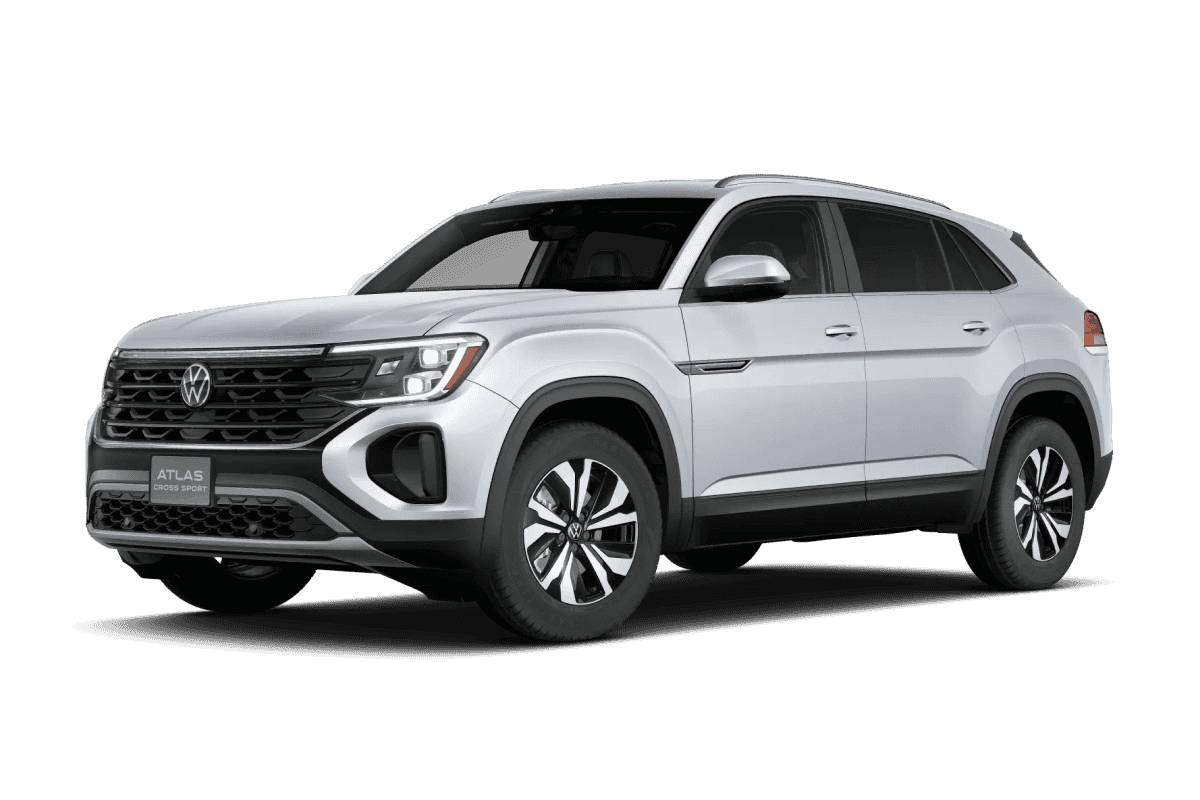 Front three-quarter view of a light gray Volkswagen Atlas Cross Sport.