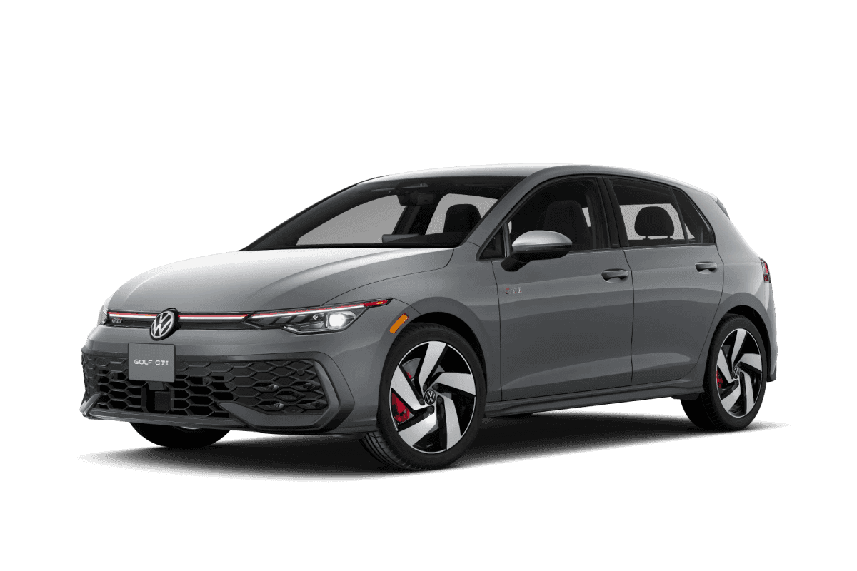 Front three-quarter view of a dark gray Volkswagen Golf GTI.