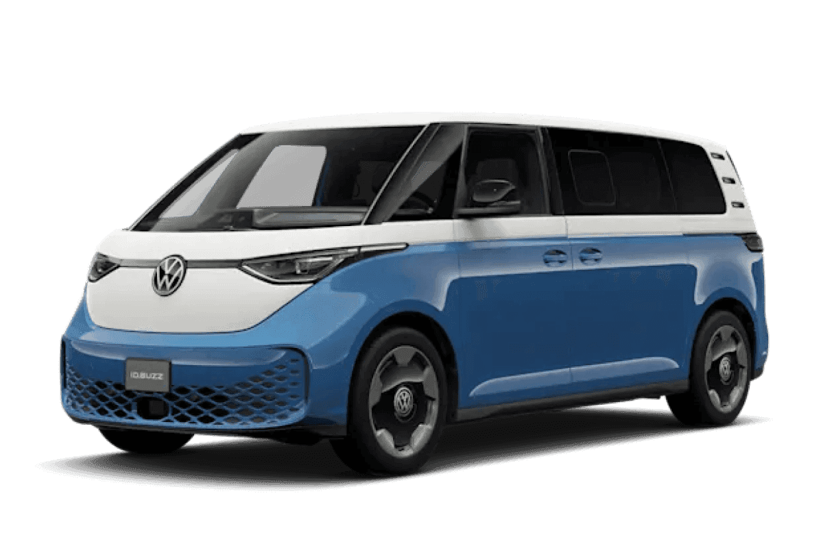 Front three-quarter view of a blue Volkswagen IDBuzz.