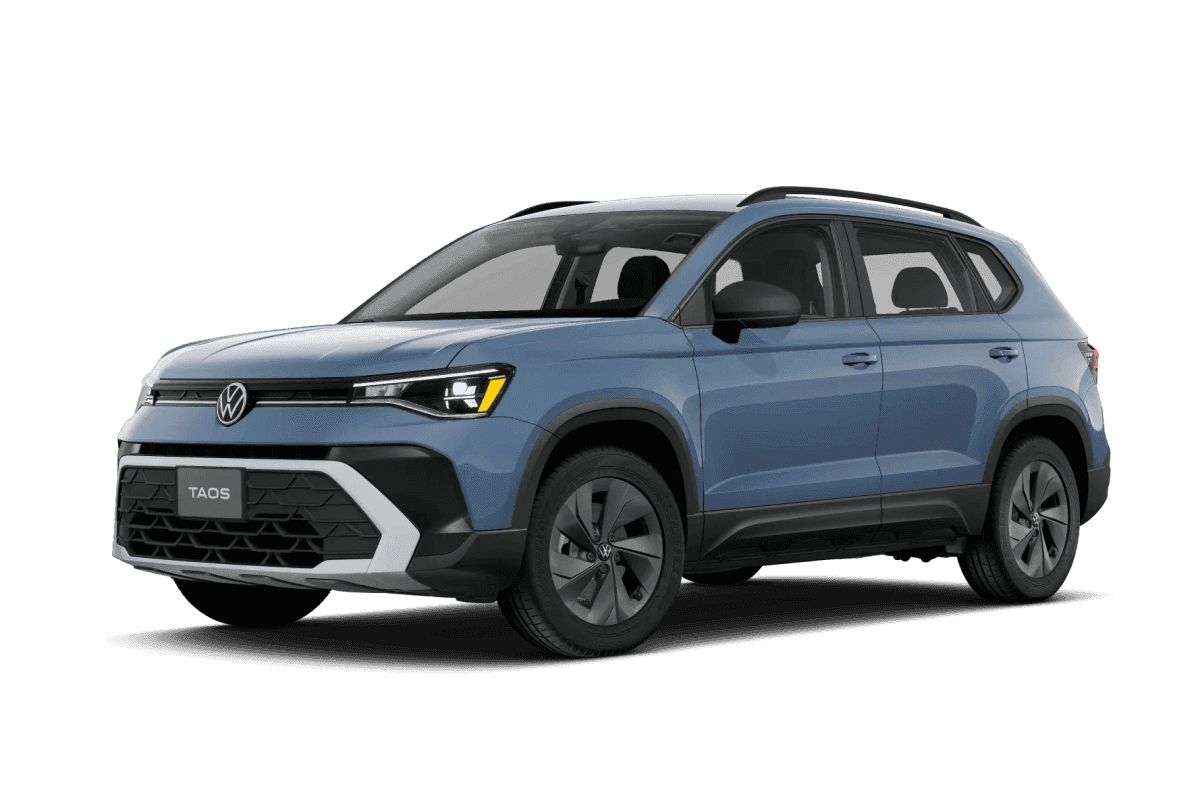 Front three-quarter view of a blue Volkswagen Taos.