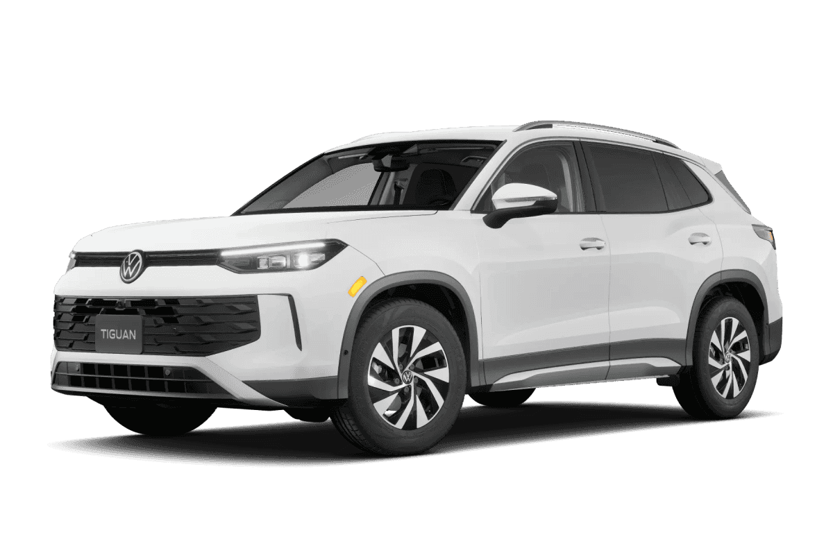Front three-quarter view of a white Volkswagen Tiguan.