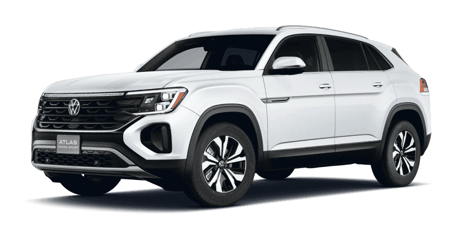 White Volkswagen Atlas Cross Sport shown from a front three-quarter view.
