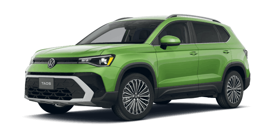 Green Volkswagen Taos shown from a front three-quarter view.