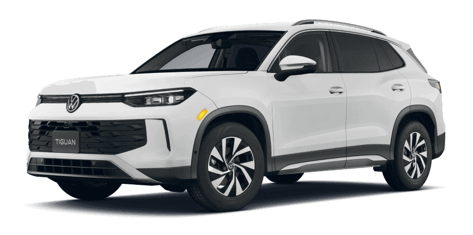 White Volkswagen Tiguan shown from a front three-quarter view.