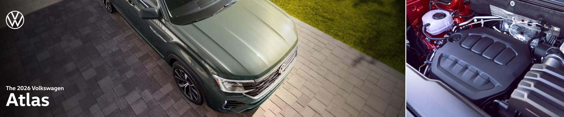 2026 Volkswagen Atlas shown from above alongside a close-up view of the engine compartment.