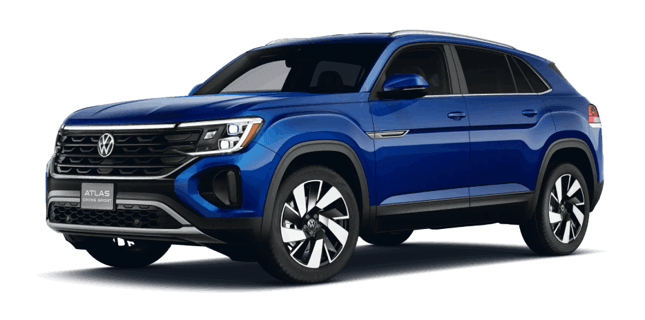 Blue Volkswagen Atlas Cross Sport shown from a front three-quarter view.