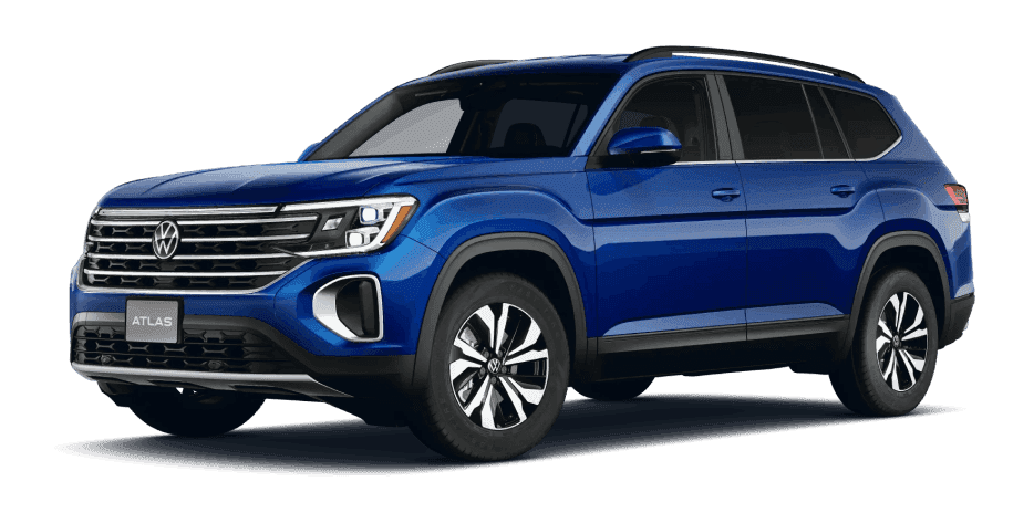 Blue Volkswagen Atlas shown from a front three-quarter view.