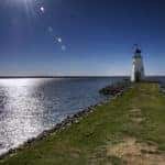Overlooking East Wharf lighthouse at Lake Hefner in Oklahoma.